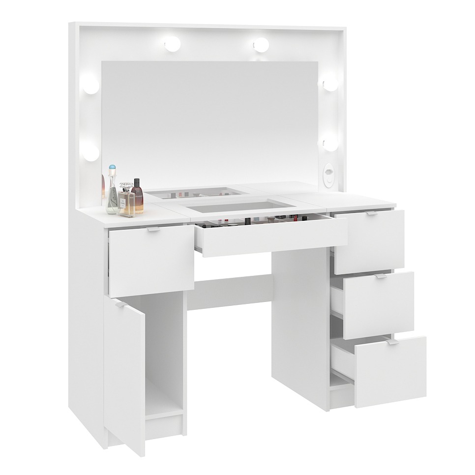 312 Blanco Tocador con Espejo 1 Puerta 5 Cajones